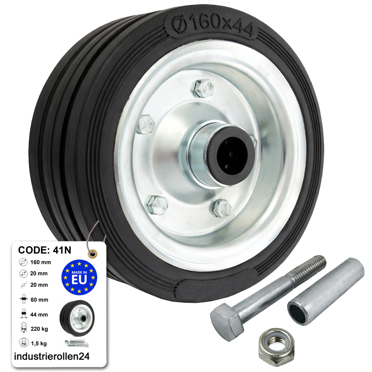 Metall-Gummiräder 160 mm mit Montage-Set – robuste Räder für Transport & Industrie Code: 41N