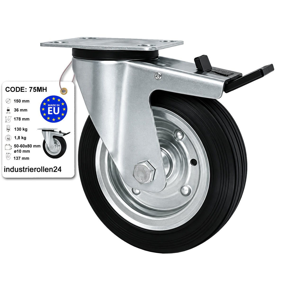 Metall-Gummiräder mit Befestigungsplatte und Bremse Lenkrolle Ø150 mm Code: 75MH