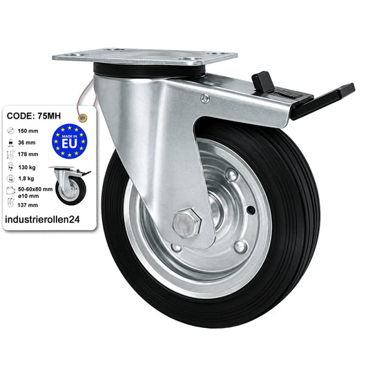 Metall-Gummiräder mit Befestigungsplatte und Bremse Lenkrolle Ø150 mm Code: 75MH