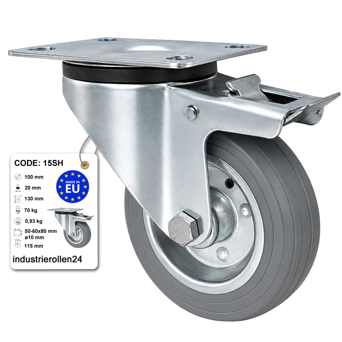Metall-Gummiräder mit Befestigungsplatte und Bremse Lenkrolle Ø100 mm Code: 15SH