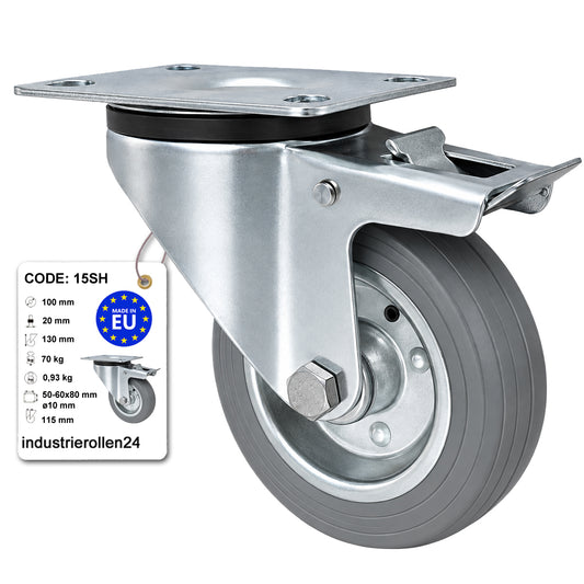 Metall-Gummiräder mit Befestigungsplatte und Bremse Lenkrolle Ø100 mm Code: 15SH