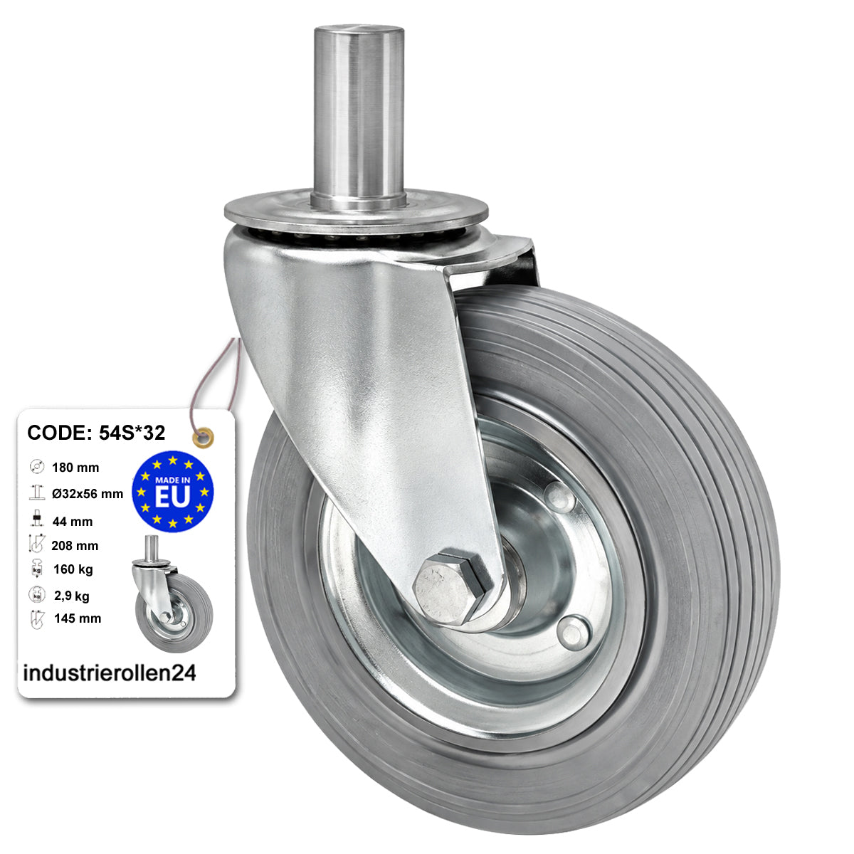 Metall-Gummiräder mit Befestigungsstift Lenkrollen  Ø180 mm Code: 54S*32