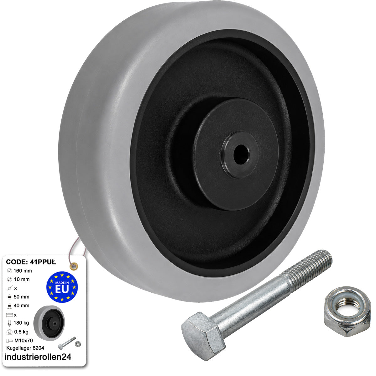 Polypropylen-Polyurethan-Rad mit Montagesatz für Transportwagen und Industrieanwendungen Ø160 mm Code: 41PPUŁ