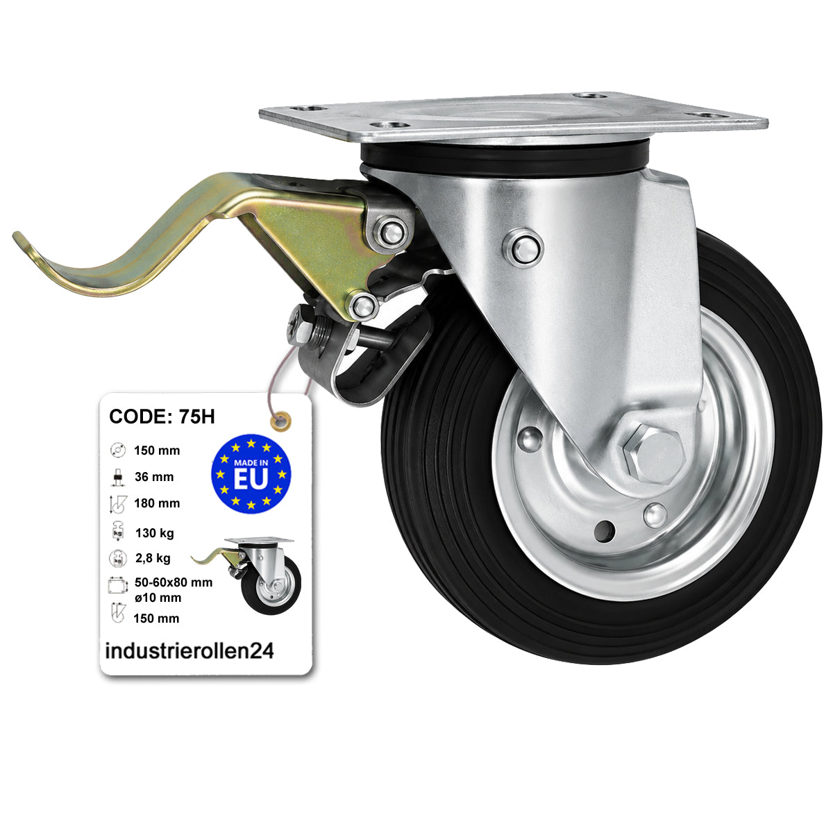 Metall-Gummiräder mit Befestigungsplatte und Bremse Lenkrolle Ø150 mm Code: 75H