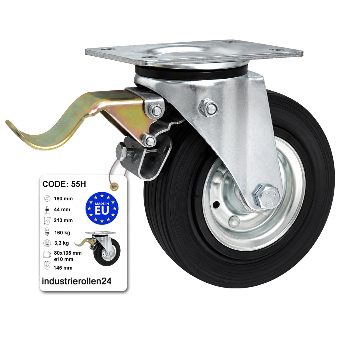 Metall-Gummiräder mit Befestigungsplatte und Bremse Lenkrolle Ø180 mm Code: 55H