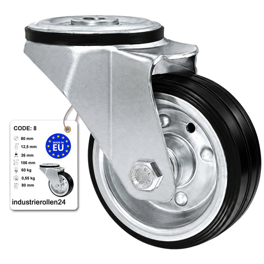 Metall-Gummiräder mit Befestigungsstift mit Zentralbohrung  Ø80 mm Code: 8