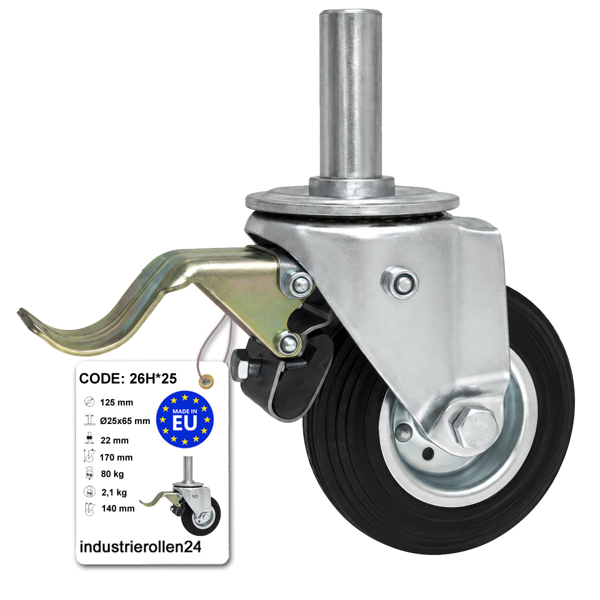 Metall-Gummiräder mit Befestigungsstift und Bremse Lenkrollen  Ø125 mm Code: 26H*25