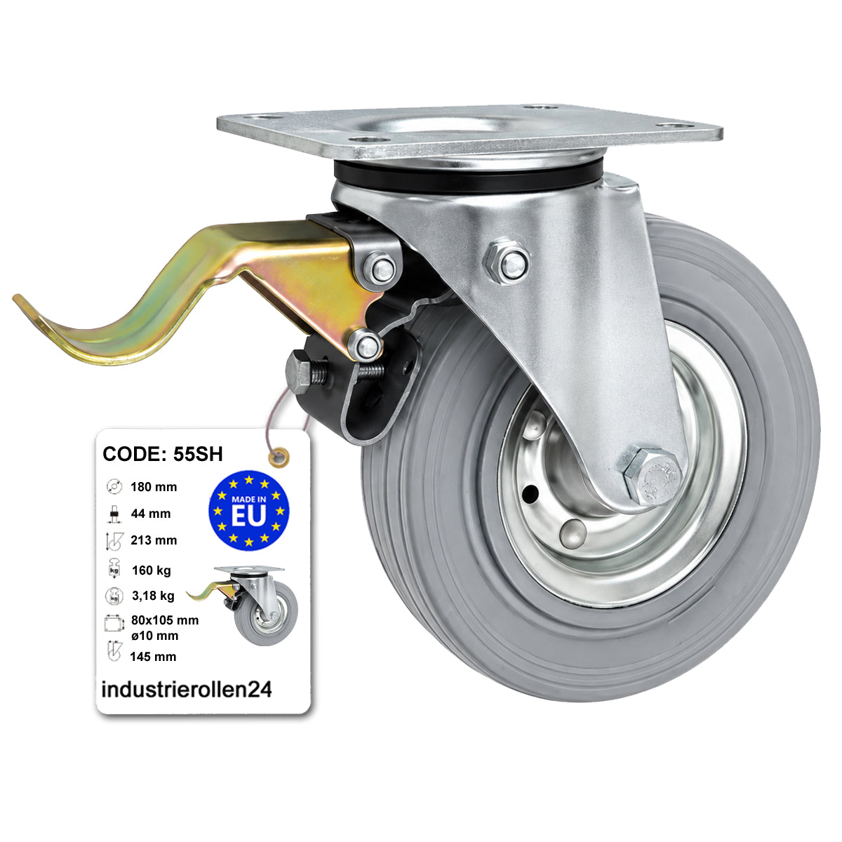 Metall-Gummiräder mit Befestigungsplatte und Bremse Lenkrolle Ø180 mm Code: 55SH