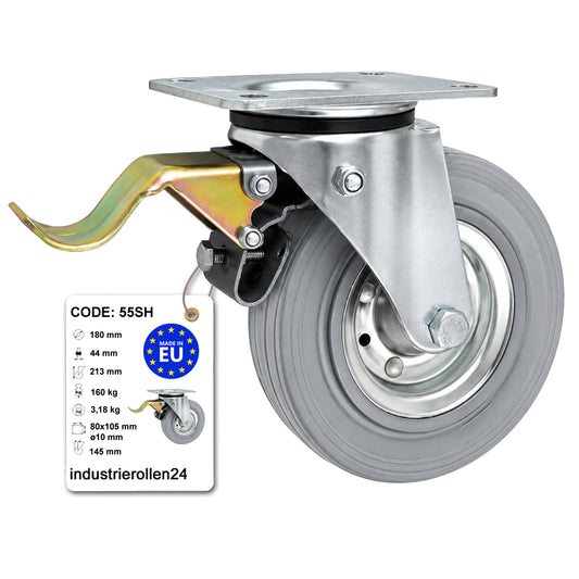 Metall-Gummiräder mit Befestigungsplatte und Bremse Lenkrolle Ø180 mm Code: 55SH