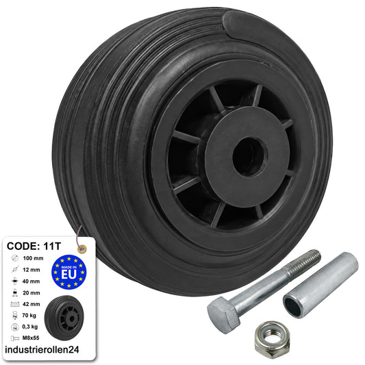 Kunststoff-Gummirrad Ø 100 mm Industrie Gummirad mit Montagesatz Code: 11T