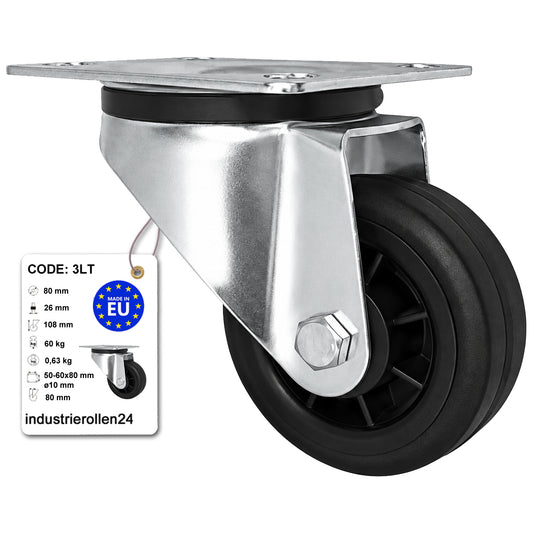 Kunststoff-Gummirrad mit Anschraubplatte Lenkrolle Ø80 mm mit Platte Code: 3LT