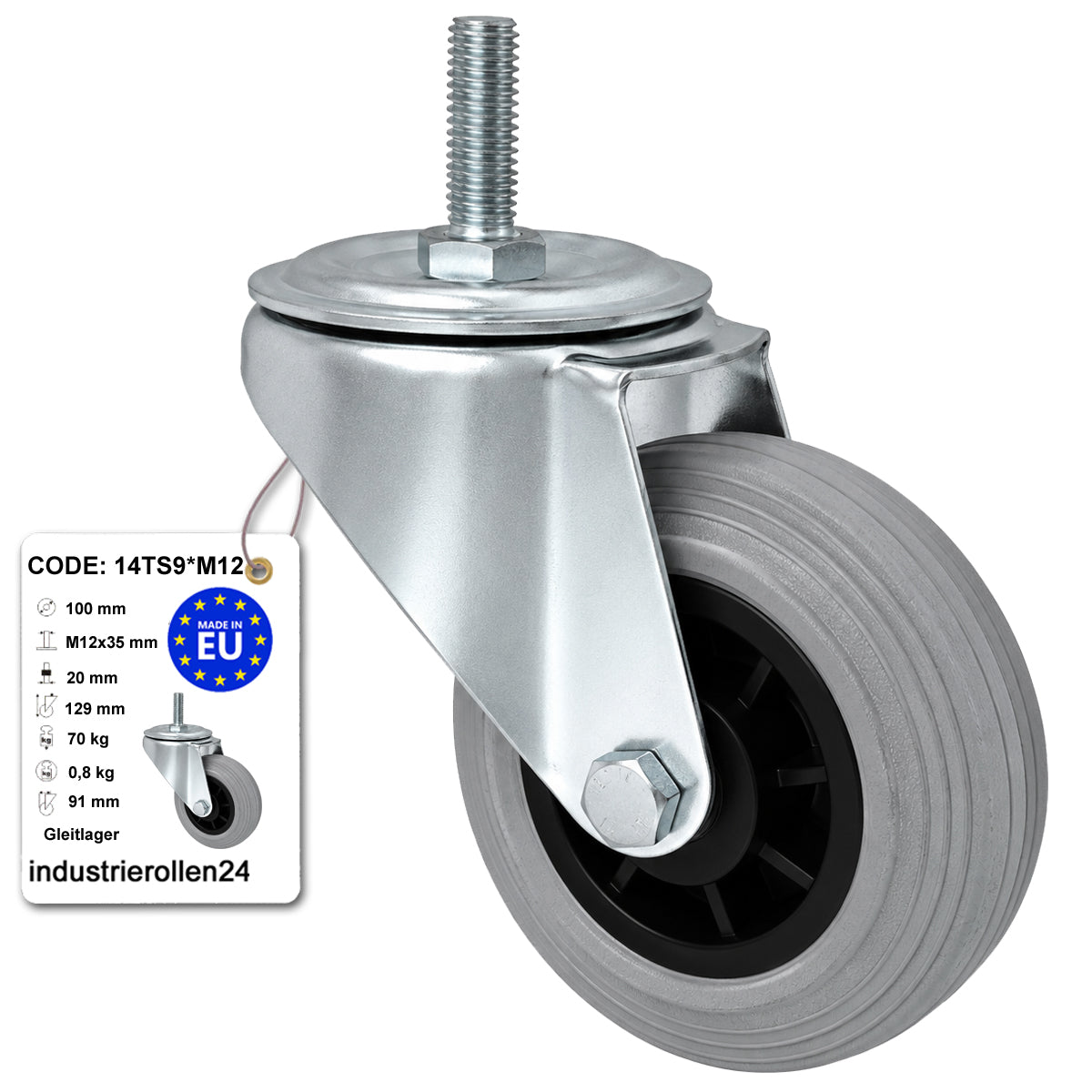 Kunststoff-Gummiräder mit Befestigungsstift Lenkrollen Ø100 mm Code: 14TS9*M12