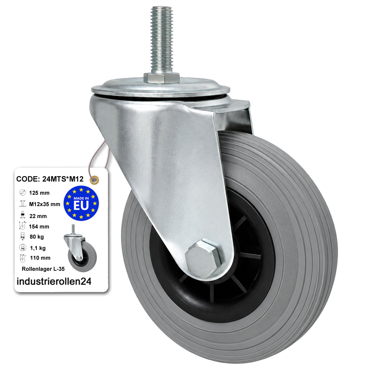Kunststoff-Gummiräder mit Befestigungsstift Lenkrollen Ø125 mm Code: 24MTS*M12