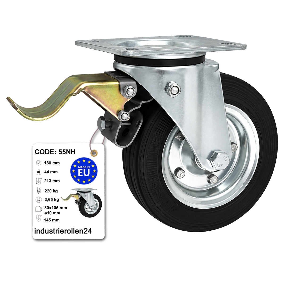 Metall-Gummiräder mit Befestigungsplatte und Bremse Lenkrolle Ø180 mm Code: 55NH