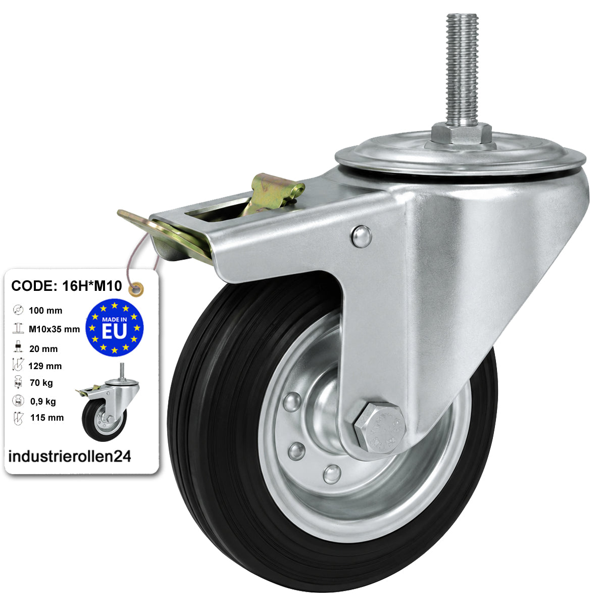 Metall-Gummiräder mit Befestigungsstift und Bremse Lenkrollen  Ø100 mm Code: 16H*M10