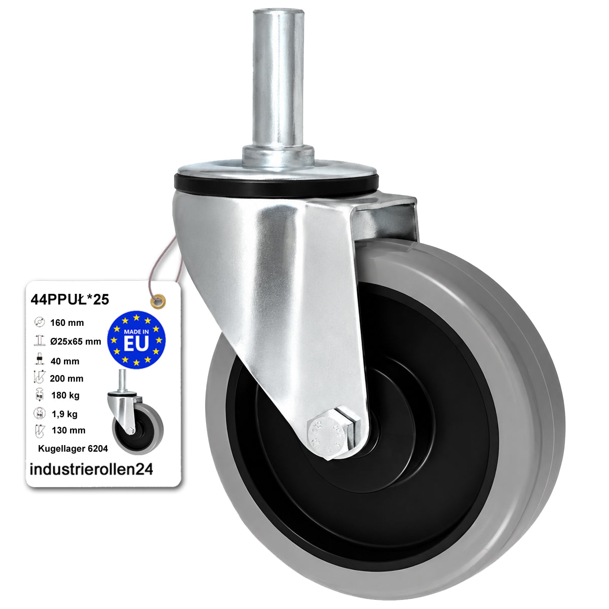 Polypropylen-Polyurethan-Lenkrollen mit Zapfen für Transportwagen und Industrie 160 mm Code: 44PPUŁ*25