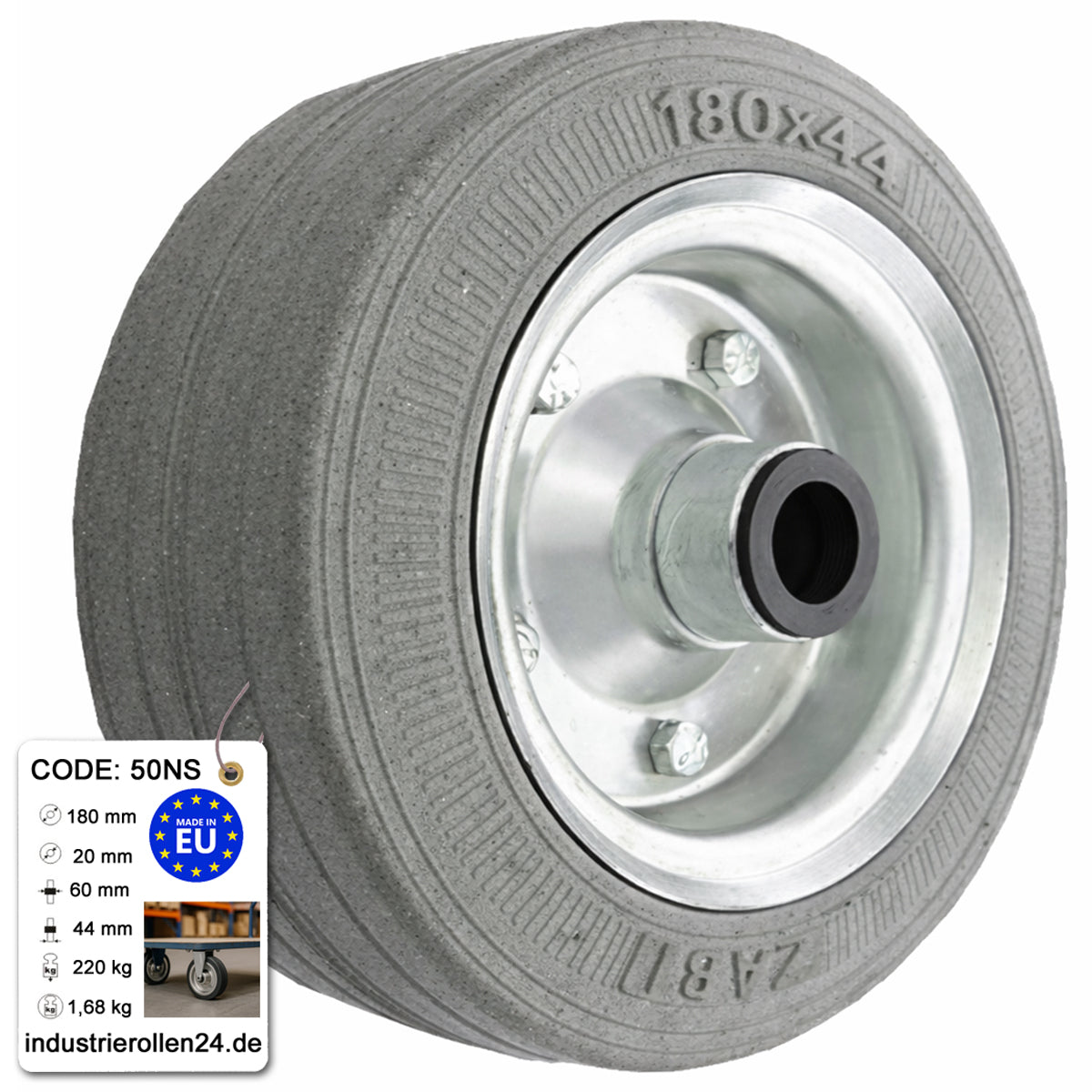 Ersatzrad Ø180 mm – Graues, nicht abfärbendes Vollgummi Industrierad für Transportwagen, Code: 50NS