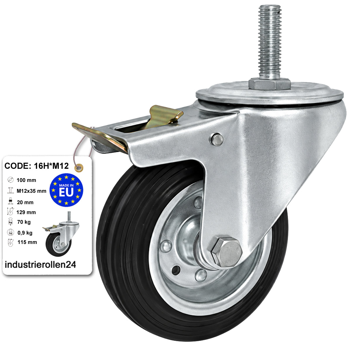 Metall-Gummiräder mit Befestigungsstift und Bremse Lenkrollen  Ø100 mm Code: 16H*M12