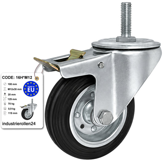Metall-Gummiräder mit Befestigungsstift und Bremse Lenkrollen  Ø100 mm Code: 16H*M12