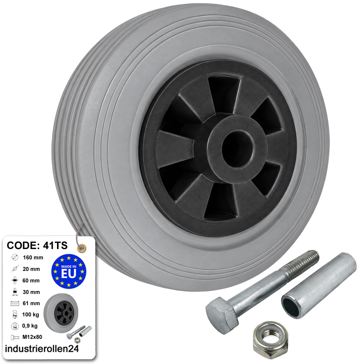 Kunststoff-Gummirrad Ø 160 mm Industrie Gummirad mit Montagesatz Code: 41TS