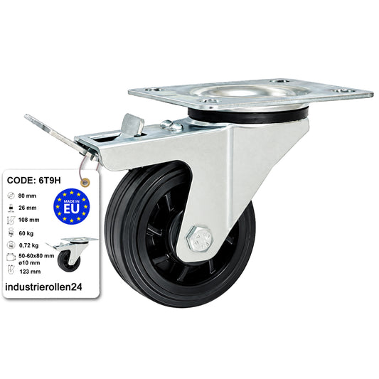 Kunststoff-Gummirrad mit Anschraubplatte und Bremse Lenkrolle Ø80 mm  Code: 6T9H