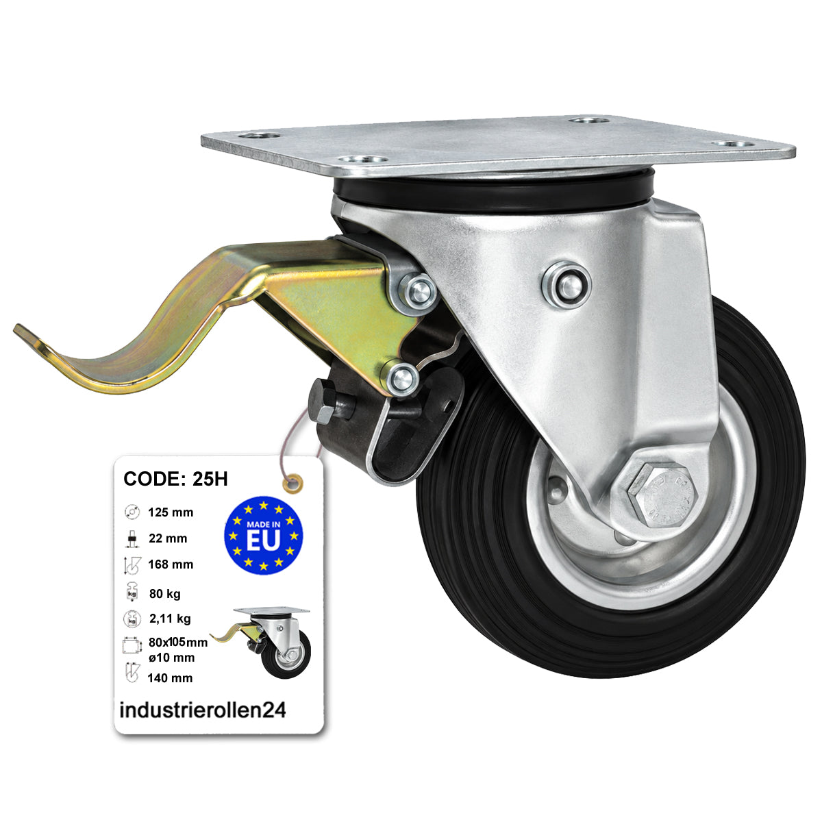 Metall-Gummiräder mit Befestigungsplatte und Bremse Lenkrolle Ø125 mm Code: 25H