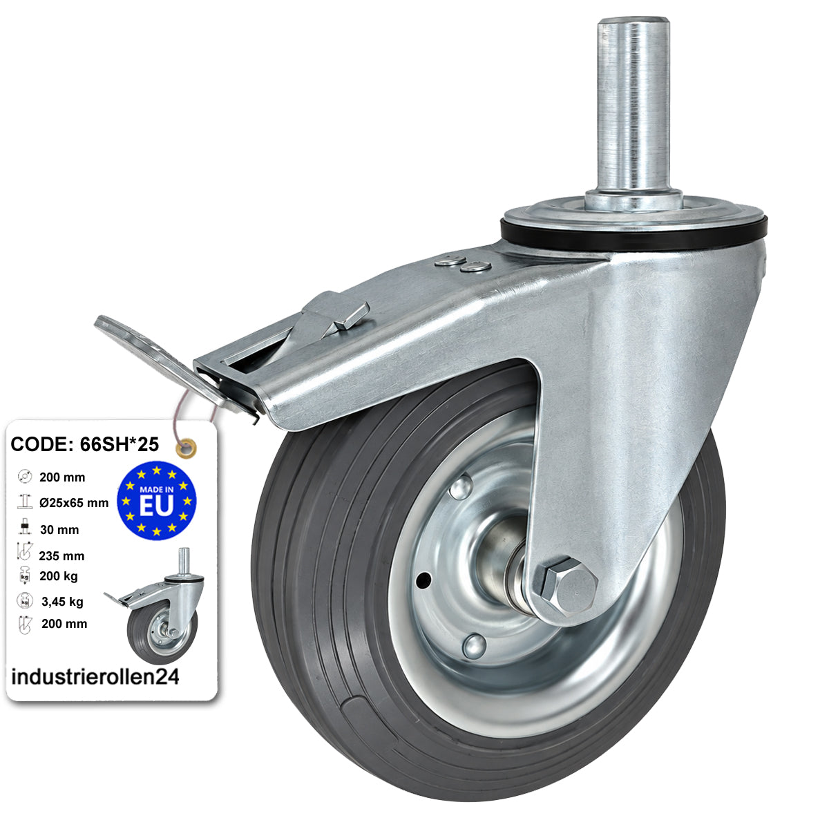 Metall-Gummiräder mit Befestigungsstift und Bremse Lenkrollen  Ø200 mm Code: 66SH*25