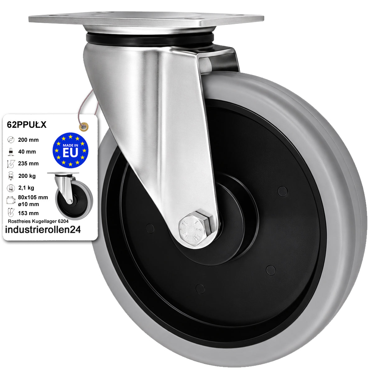 Polypropylen-Polyurethan-Rad  mit schwenkbarem Gehäuse für Transportwagen und Industrieanwendungen Ø200 mm Code: 62PPUŁX