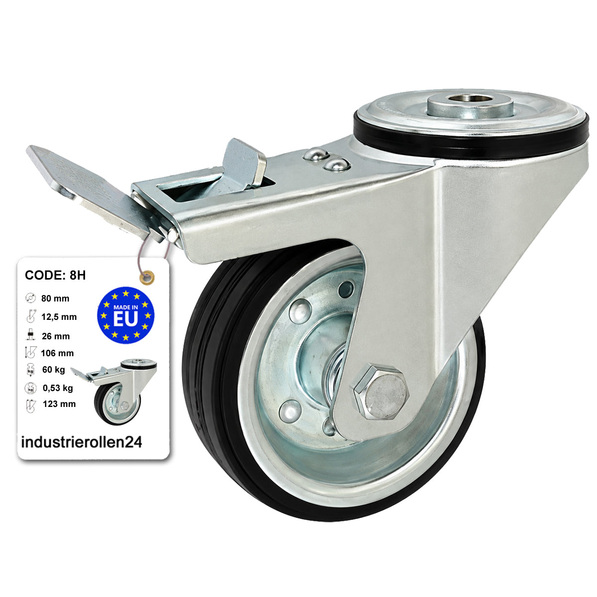 Metall-Gummiräder mit Befestigungsstift mit Zentralbohrung und Bremse Ø80 mm Code: 8H