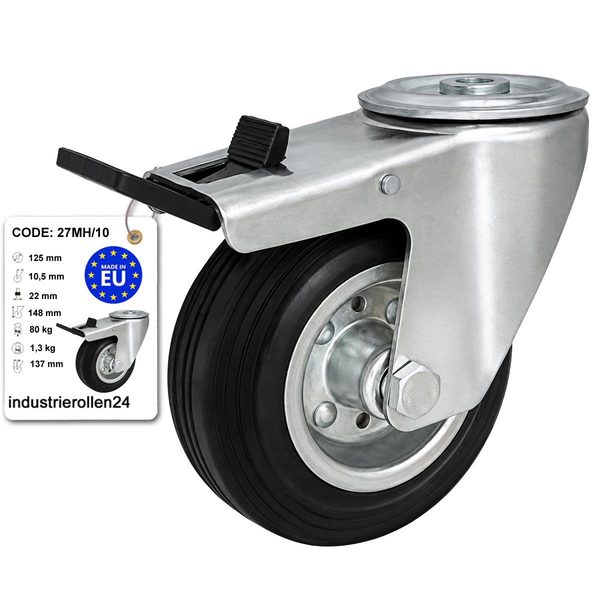 Metall-Gummiräder mit Befestigungsstift mit Zentralbohrung und Bremse Ø125 mm Code: 27MH/10