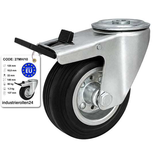 Metall-Gummiräder mit Befestigungsstift mit Zentralbohrung und Bremse Ø125 mm Code: 27MH/10