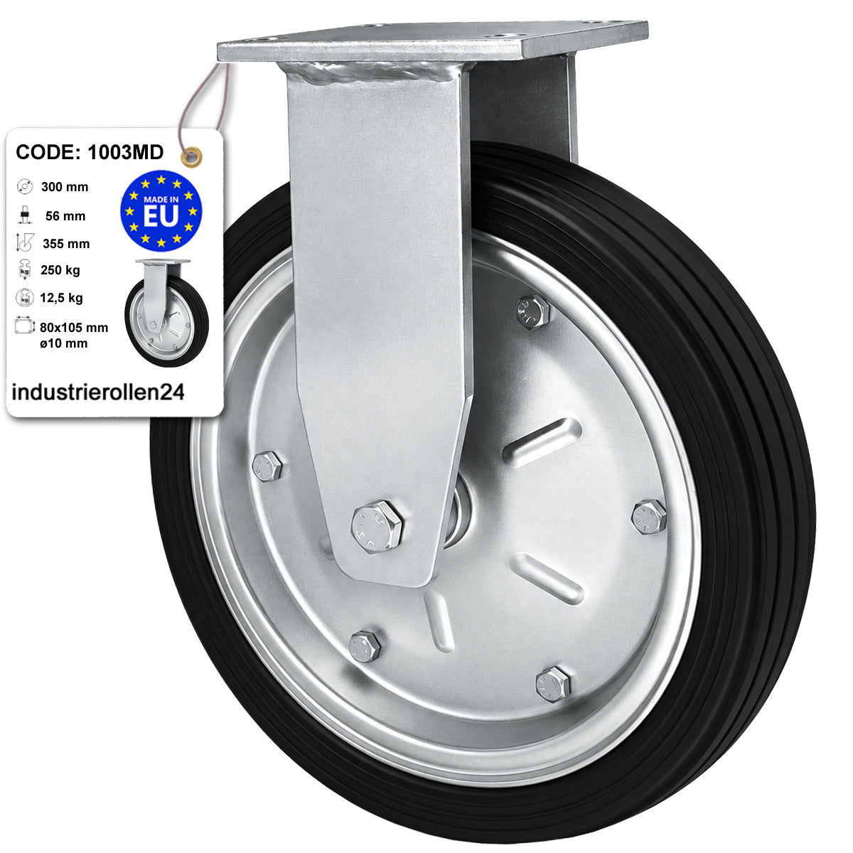 Metall-Gummiräder mit Platte Bockrolle Ø300 mm mit Platte Code: 1003MD