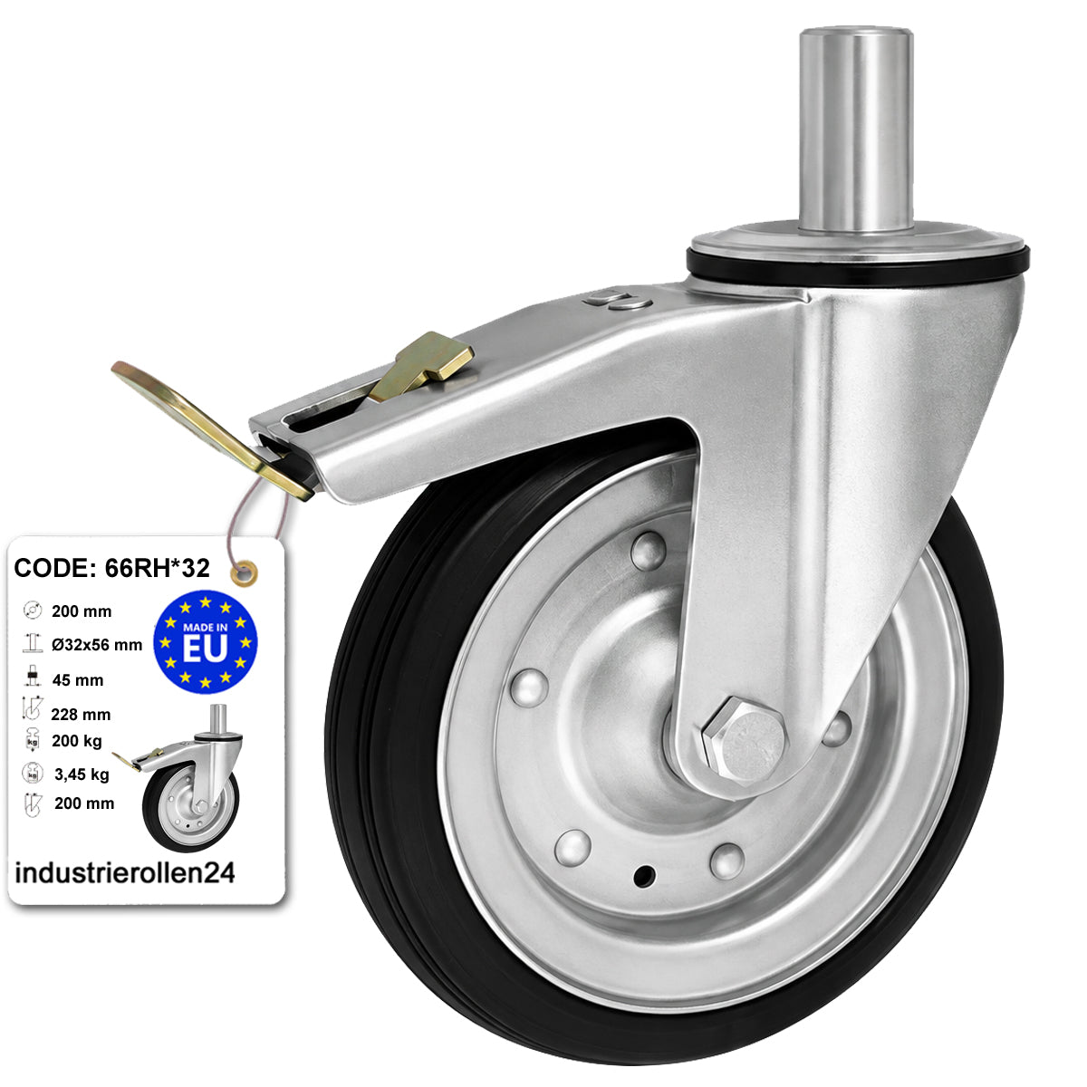 Metall-Gummiräder mit Befestigungsstift und Bremse Lenkrollen  Ø200 mm Code: 66RH*32