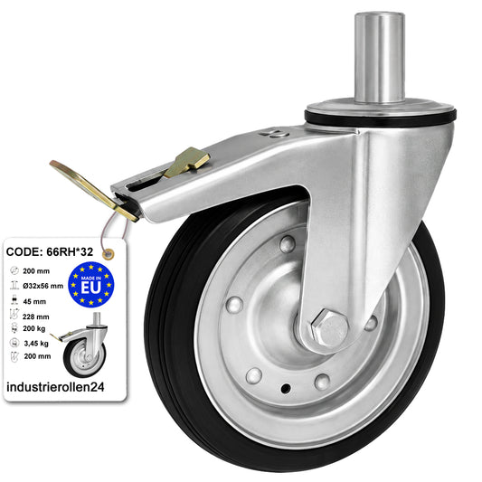 Metall-Gummiräder mit Befestigungsstift und Bremse Lenkrollen  Ø200 mm Code: 66RH*32