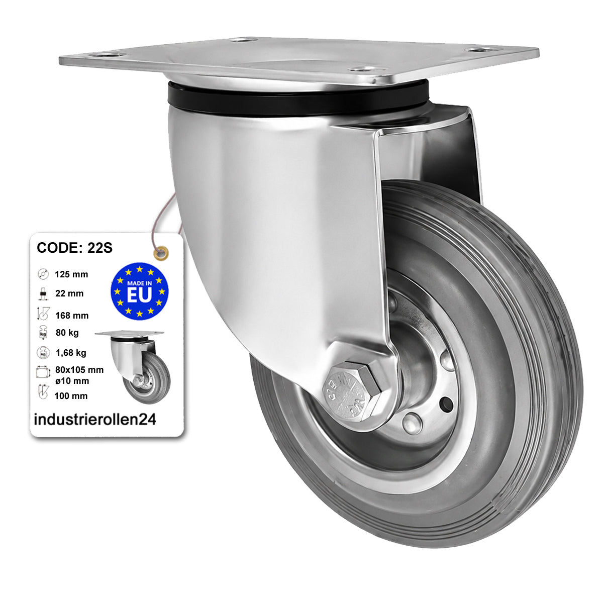 Metall-Gummiräder mit Befestigungsplatte Lenkrolle Ø125 mm mit Platte Code: 22S