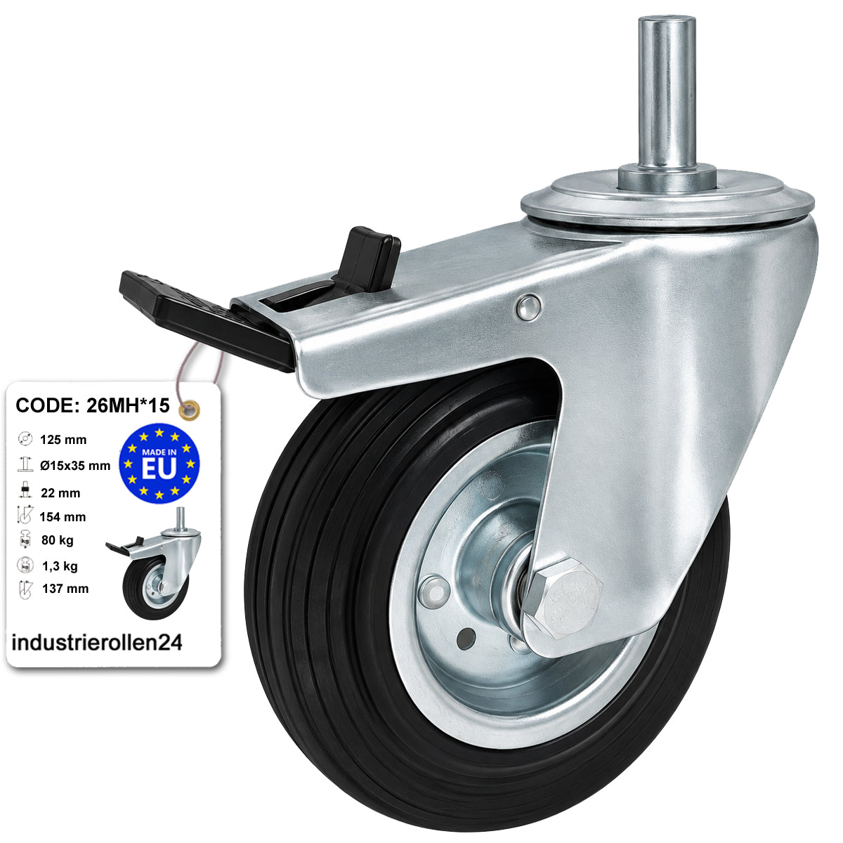 Metall-Gummiräder mit Befestigungsstift und Bremse Lenkrollen  Ø125 mm Code: 26MH*15