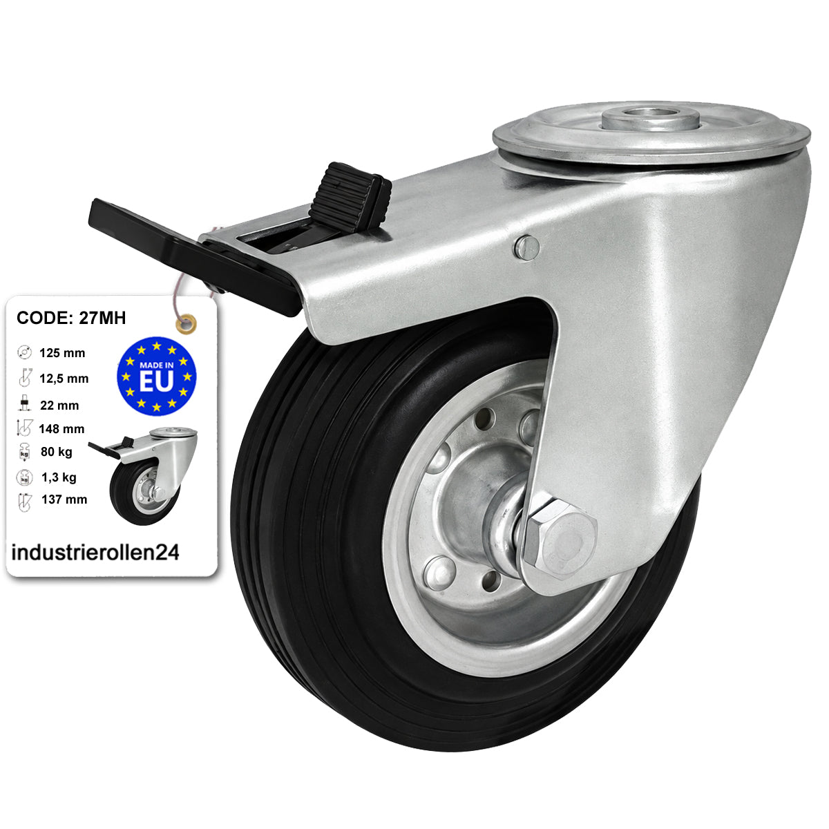 Metall-Gummiräder mit Befestigungsstift mit Zentralbohrung und Bremse Ø125 mm Code: 27MH
