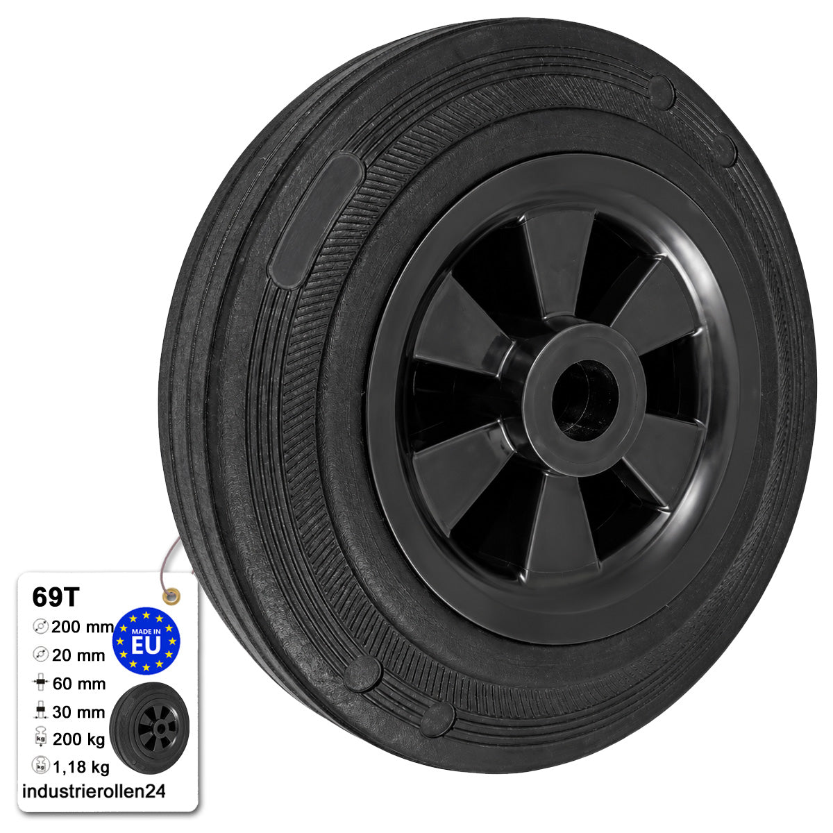 Vollgummi Rad Ø 200 mm mit Polypropylen-Felge Industrie Gummirad Code: 69T