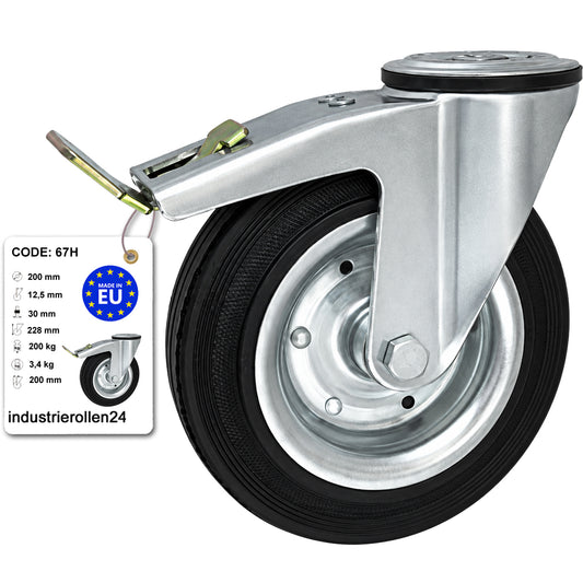 Metall-Gummiräder mit Befestigungsstift mit Zentralbohrung und Bremse Ø200 mm Code: 67H