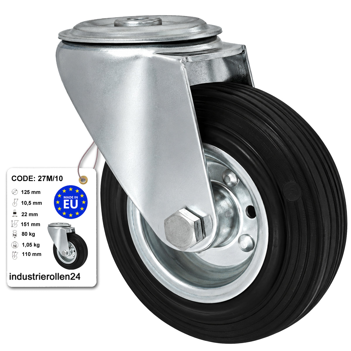 Metall-Gummiräder mit Befestigungsstift mit Zentralbohrung  Ø125 mm Code: 27M/10