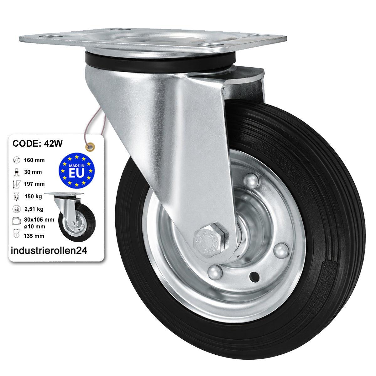 Metall-Gummiräder mit Befestigungsplatte Lenkrolle Ø160 mm mit Platte Code: 42W