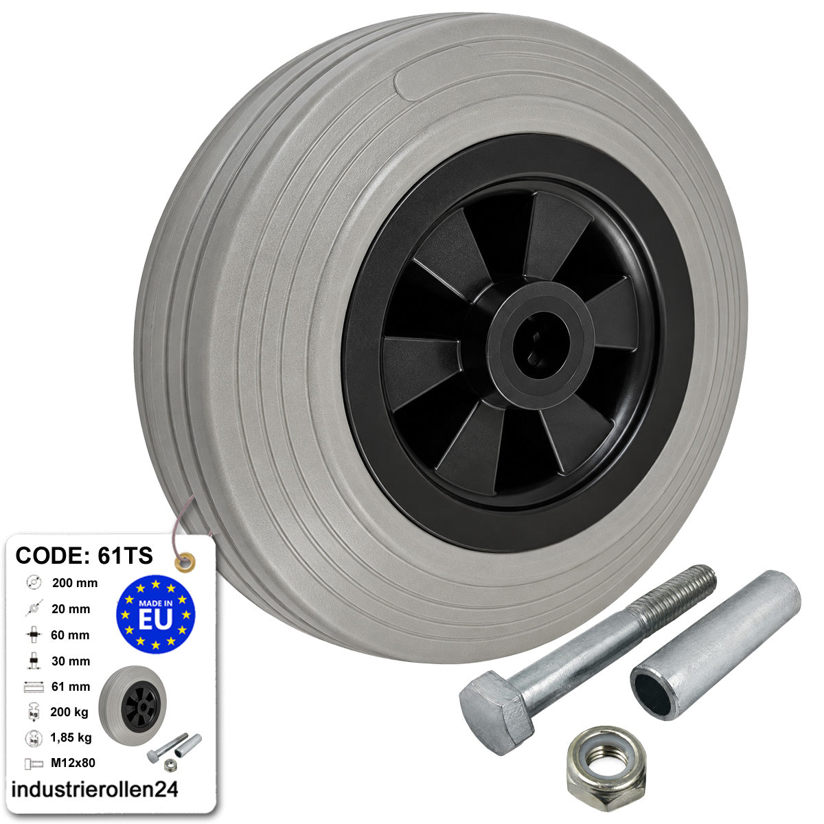 Kunststoff-Gummirrad Ø 200 mm Industrie Gummirad mit Montagesatz Code: 61TS