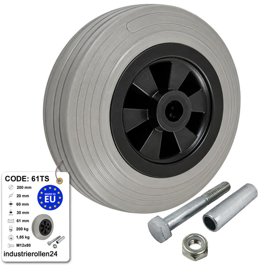 Kunststoff-Gummirrad Ø 200 mm Industrie Gummirad mit Montagesatz Code: 61TS