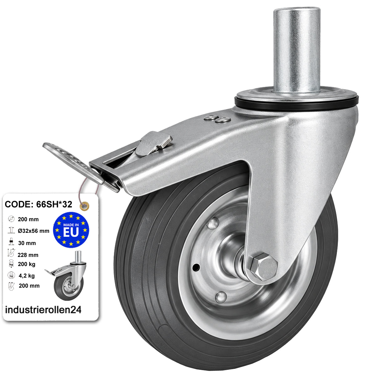 Metall-Gummiräder mit Befestigungsstift und Bremse Lenkrollen  Ø200 mm Code: 66SH*32