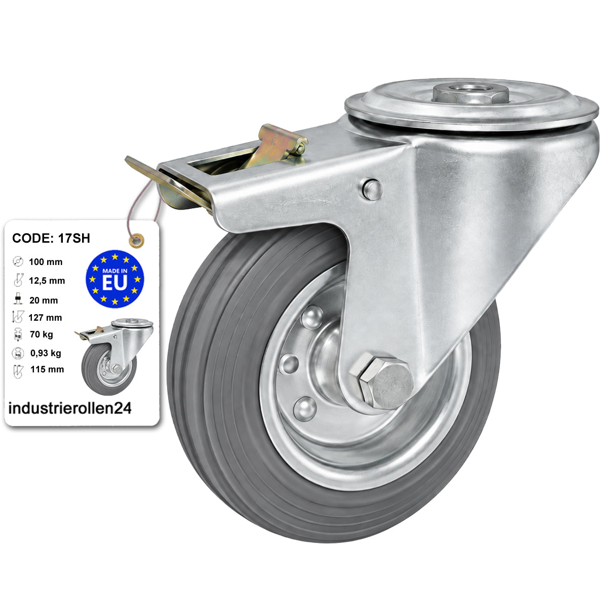 Metall-Gummiräder mit Befestigungsstift mit Zentralbohrung und Bremse Ø100 mm Code: 17SH