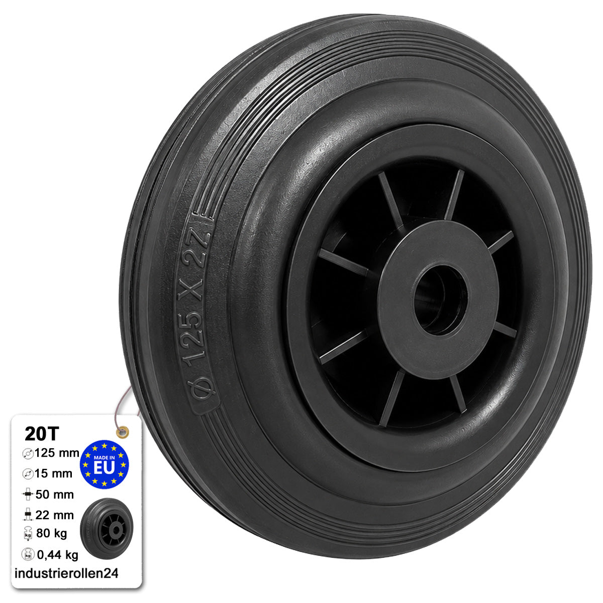 Vollgummi Rad Ø 125 mm mit Polypropylen-Felge Industrie Gummirad Code: 20T