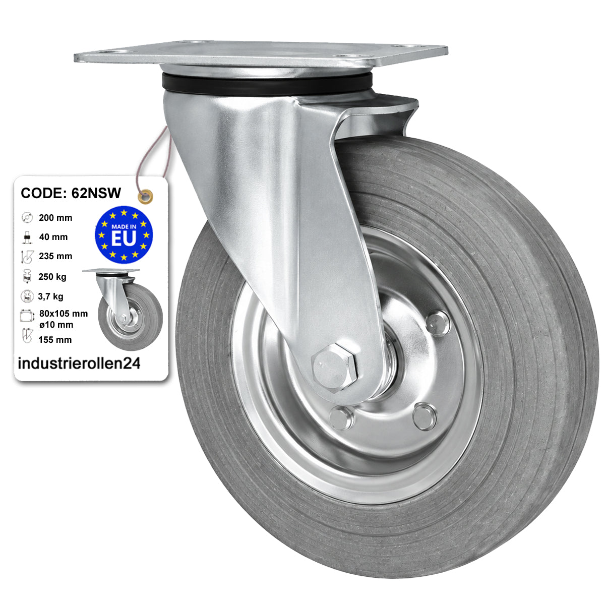 Metall-Gummiräder mit Befestigungsplatte Lenkrolle Ø200 mm mit Platte Code: 62NSW