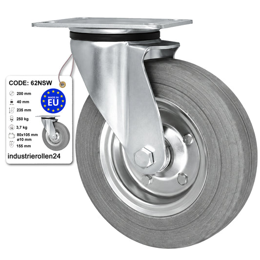 Metall-Gummiräder mit Befestigungsplatte Lenkrolle Ø200 mm mit Platte Code: 62NSW