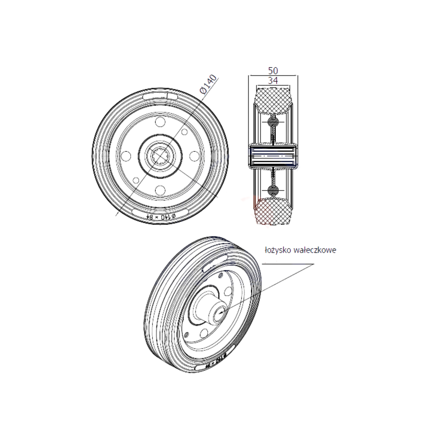 Ersatzrad Ø140 mm – Graues, nicht abfärbendes Vollgummi Industrierad für Transportwagen, Code: 30S