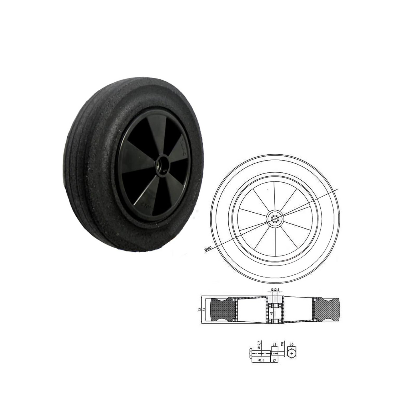 Rasenmäherrad 290 mm – Universal Ersatzrad aus Vollgummi mit Kugellager + Montage-Set, Code: K290LL*M8